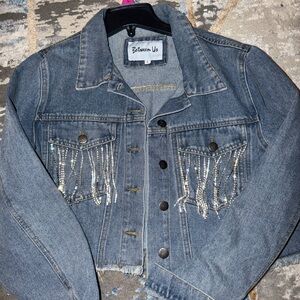 Between Us Blue Jean Jacket with Rhinestone Fringe